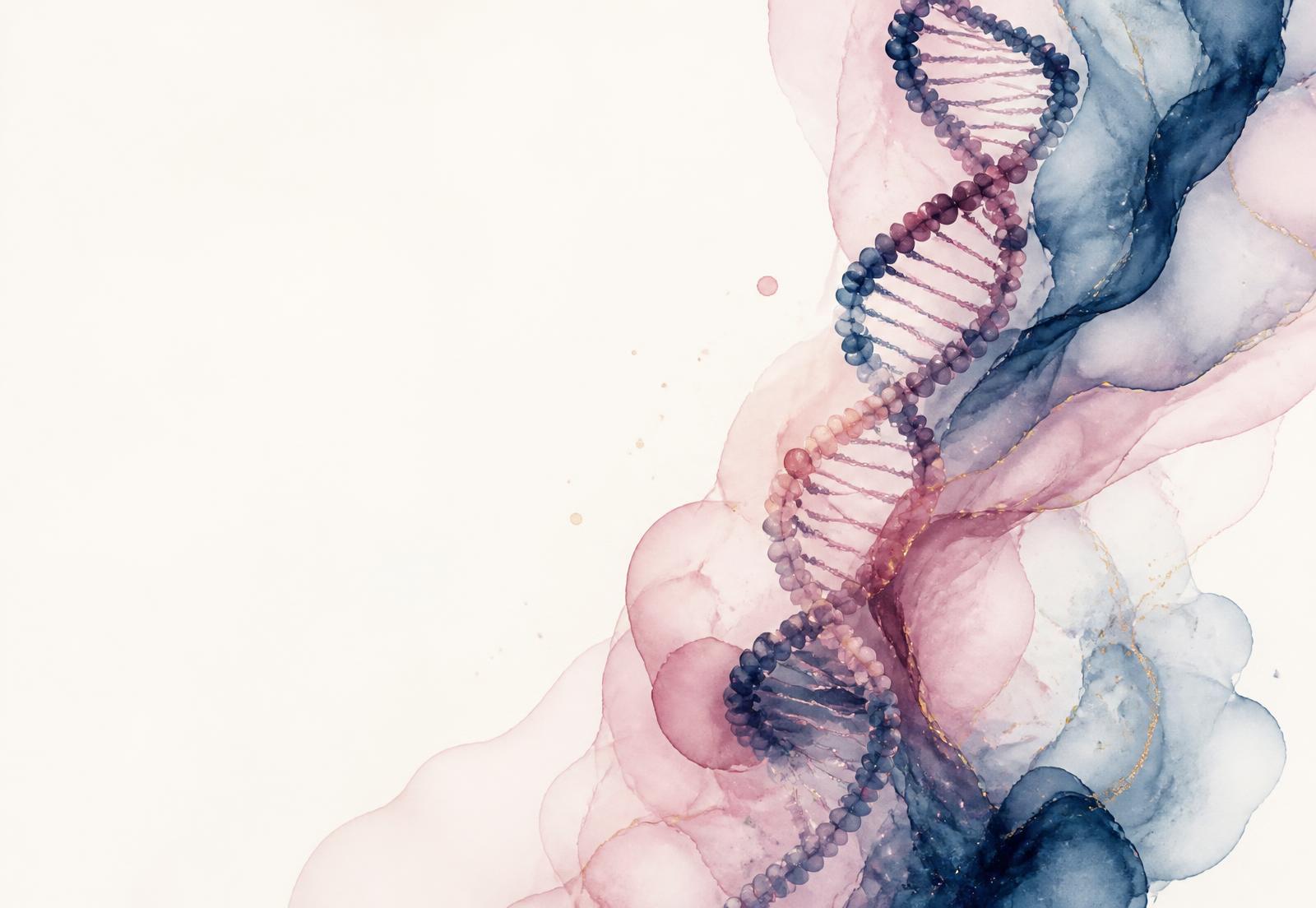 Watercolor illustration of a DNA double helix in navy blue and dusty rose tones